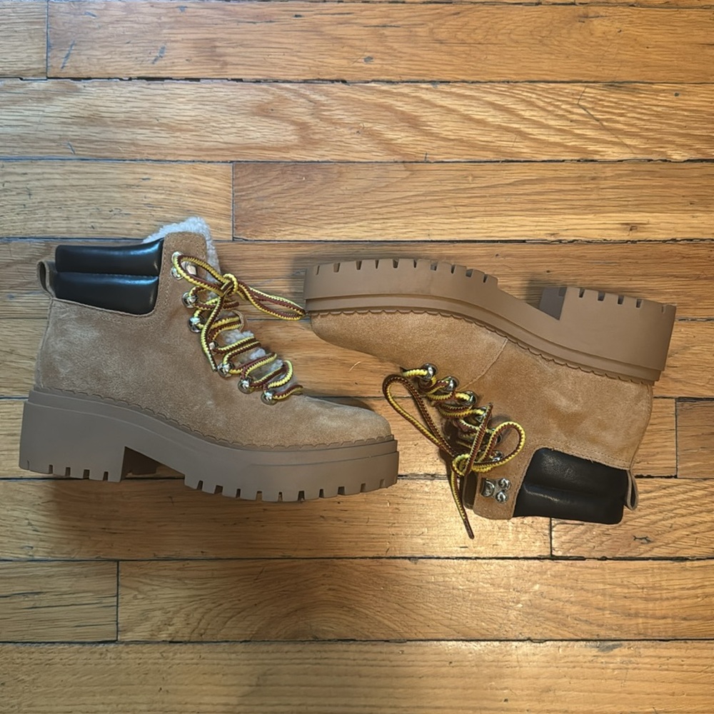 Marc Fisher Women’s 5.5 Platform Tan Suede combat Boots Leather/Sherpa lined